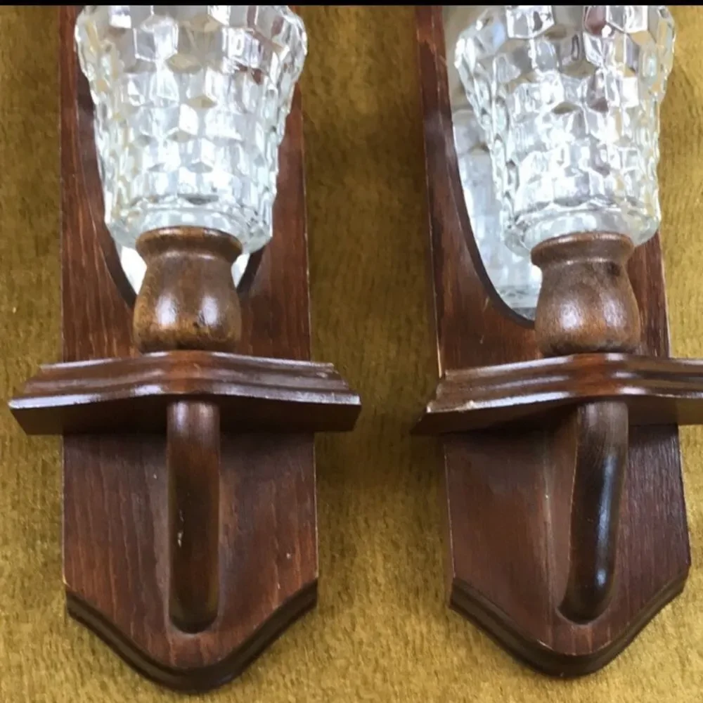 Vintage Home Candles Sconces Wall Mirrors Wood And Glass Pair